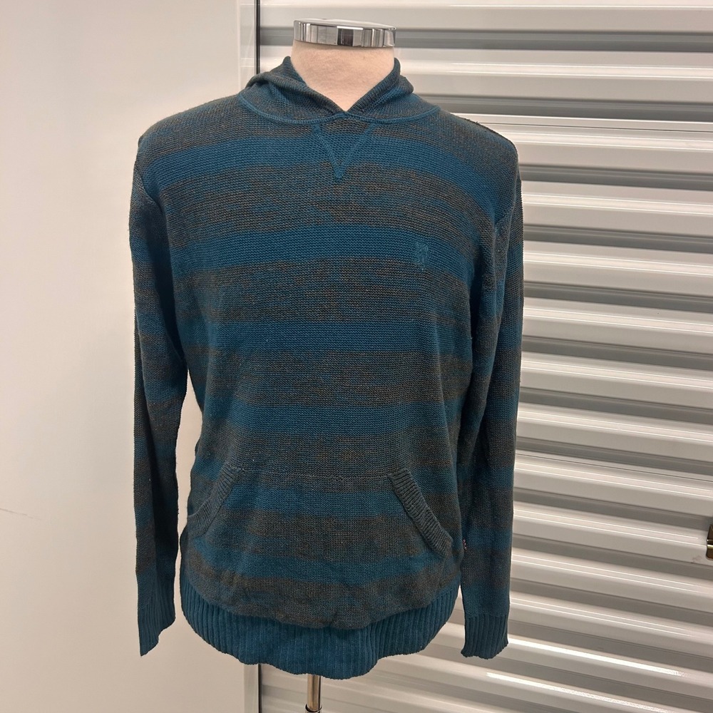 Lions Crest by English Laundry Mens Striped Hoodie Sweater Teal Gray Size L